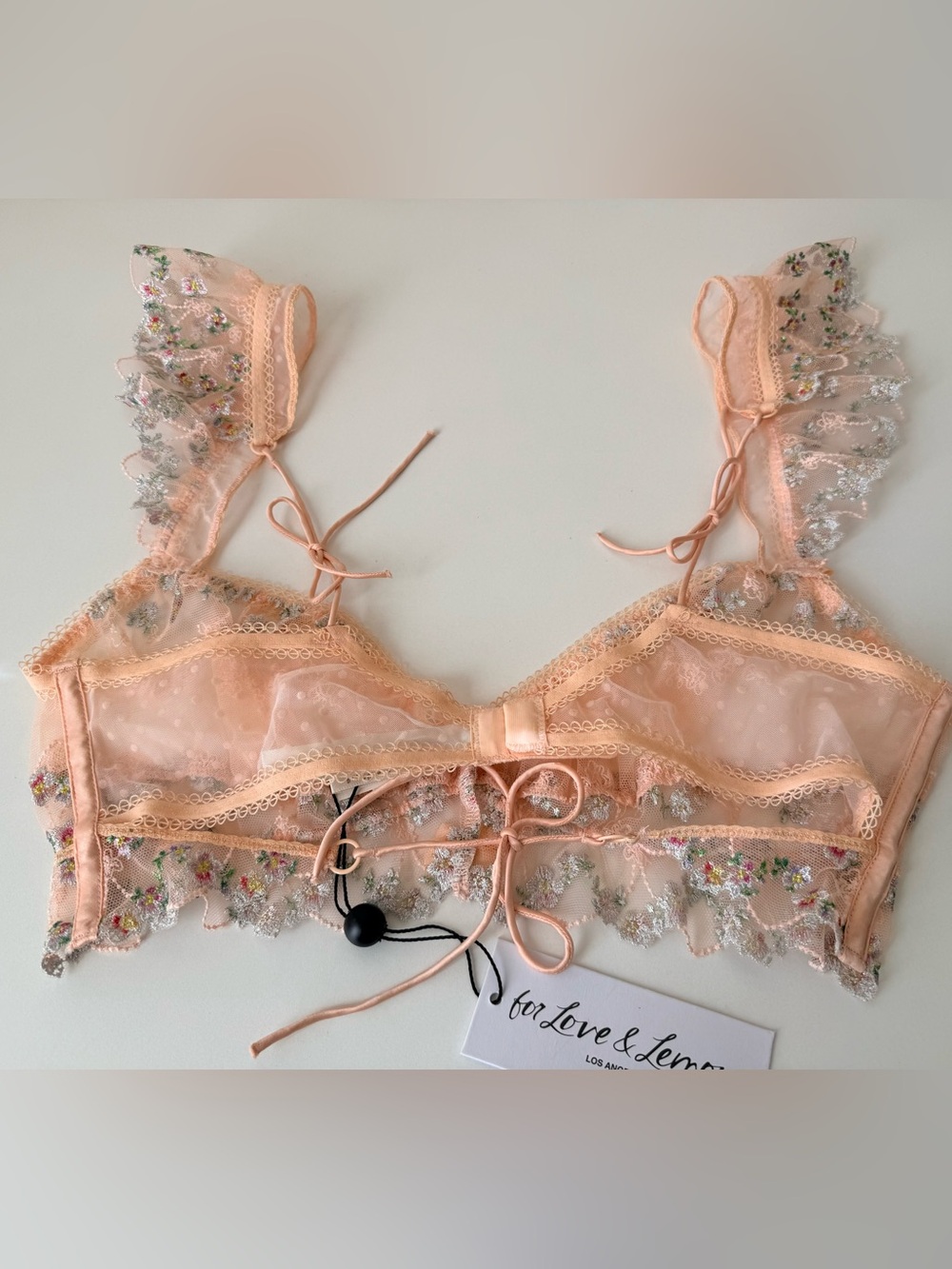For Love and Lemons 🍋 Lacy Bra Bralette Embroidered Floral Lace Peach L NWT - Picture 8 of 10
